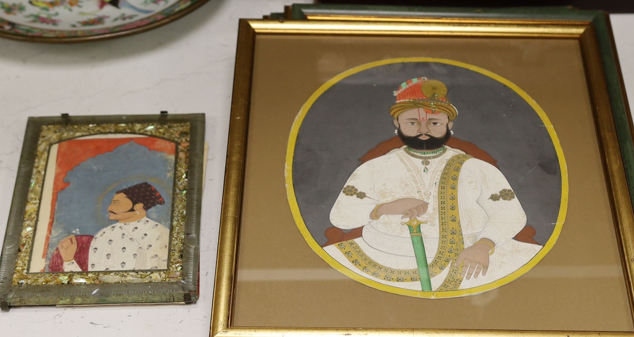 19th century Indian School, gouache on paper, Portrait of a noble man, 31 x 26cm, two studies of figures on terraces, 32 x 25cm and a smaller portrait, 18 x 12cm (4)